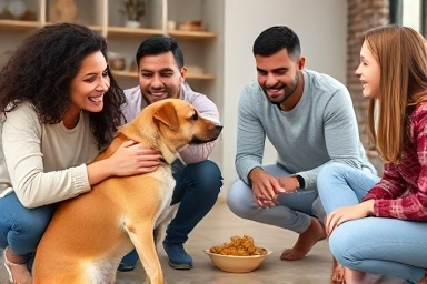 Family training dog to wait for food